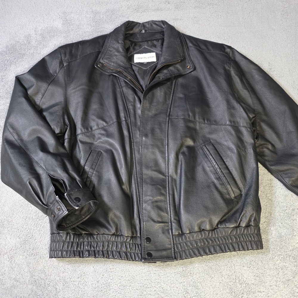 Charles Klein Mens 1XT‎ Leather Bomber Jacket Black Full Zip Snap Tall WPL 12739